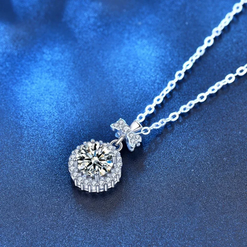 Certified 1ct. t.w. Moissanite Diamond Round Halo Bow Knot Pendant Necklace NEW
